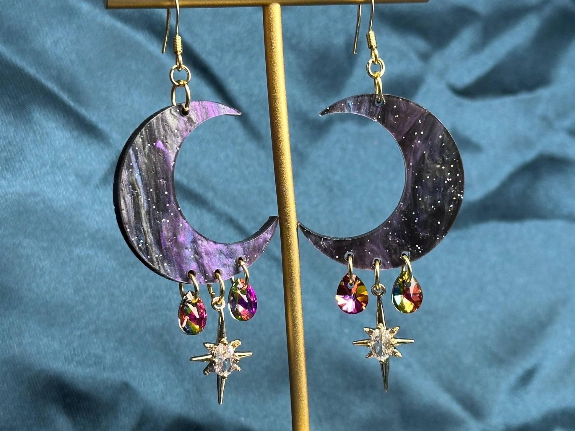 Purple Galaxy Celestial Gemstone Dangly Moon Acrylic Earrings