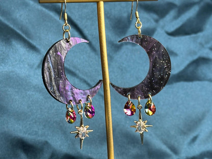 Purple Galaxy Celestial Gemstone Dangly Moon Acrylic Earrings