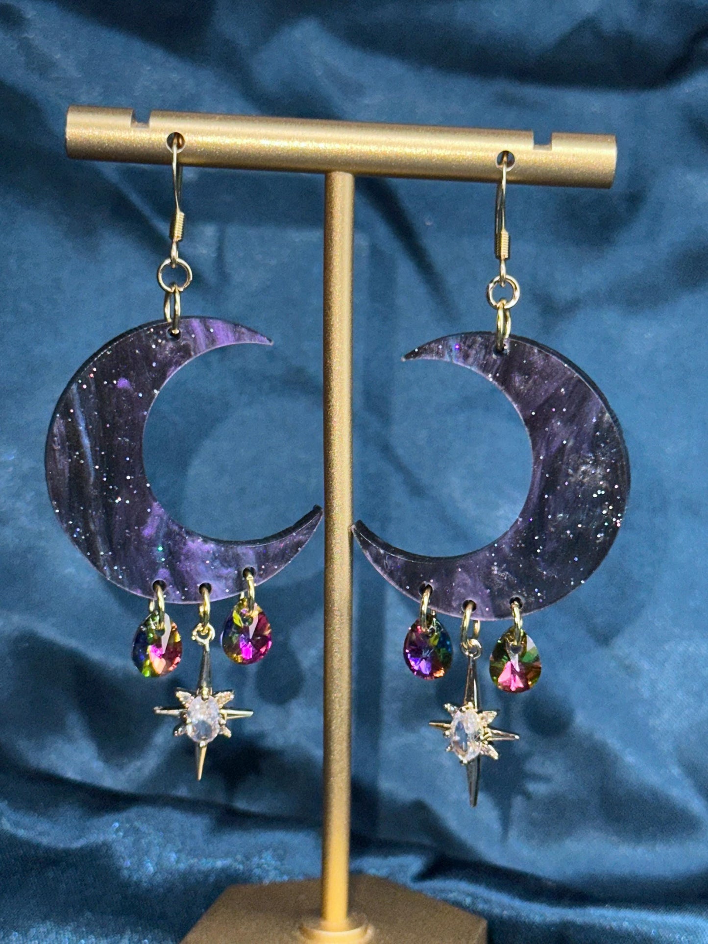 Purple Galaxy Celestial Gemstone Dangly Moon Acrylic Earrings