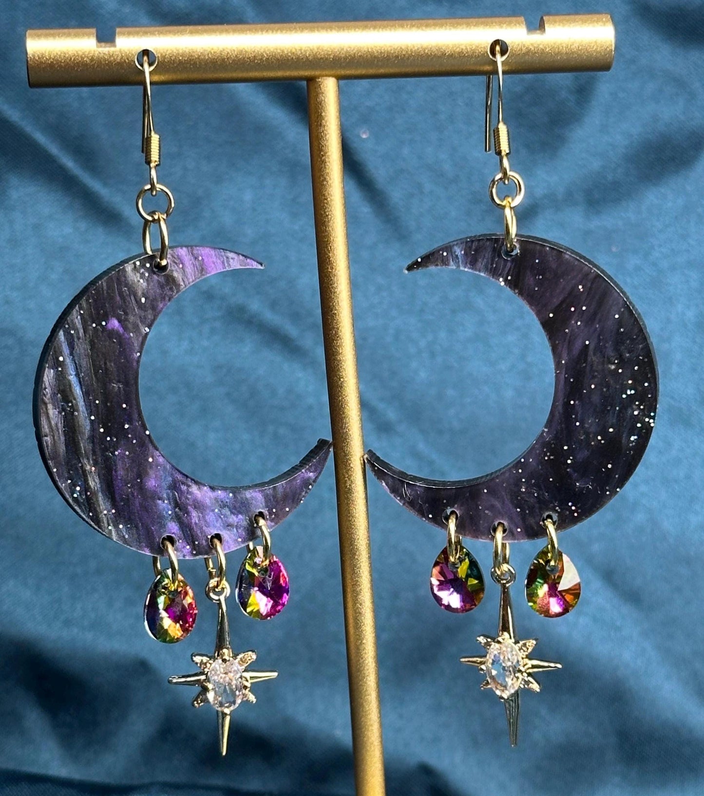 Purple Galaxy Celestial Gemstone Dangly Moon Acrylic Earrings