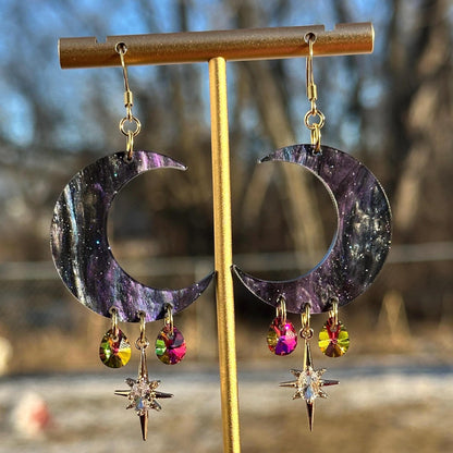 Purple Galaxy Celestial Gemstone Dangly Moon Acrylic Earrings
