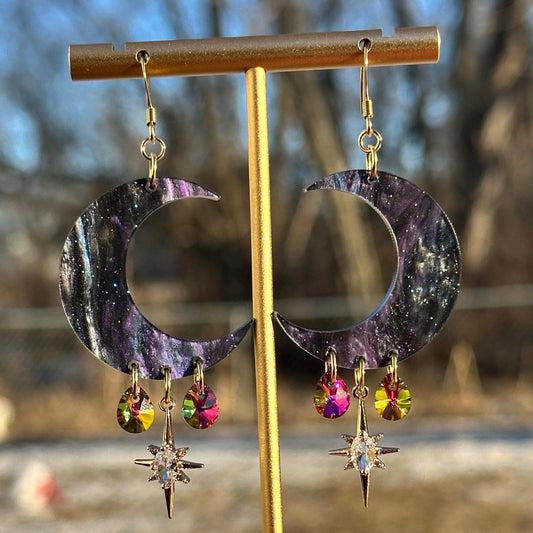 Purple Galaxy Celestial Gemstone Dangly Moon Acrylic Earrings