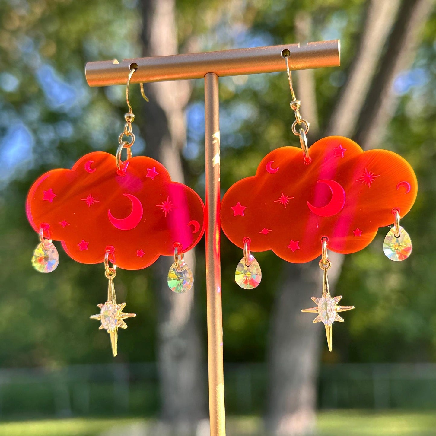 Cloudy Day Acrylic Earrings - Celestial Gemstone Drops Hot Pink