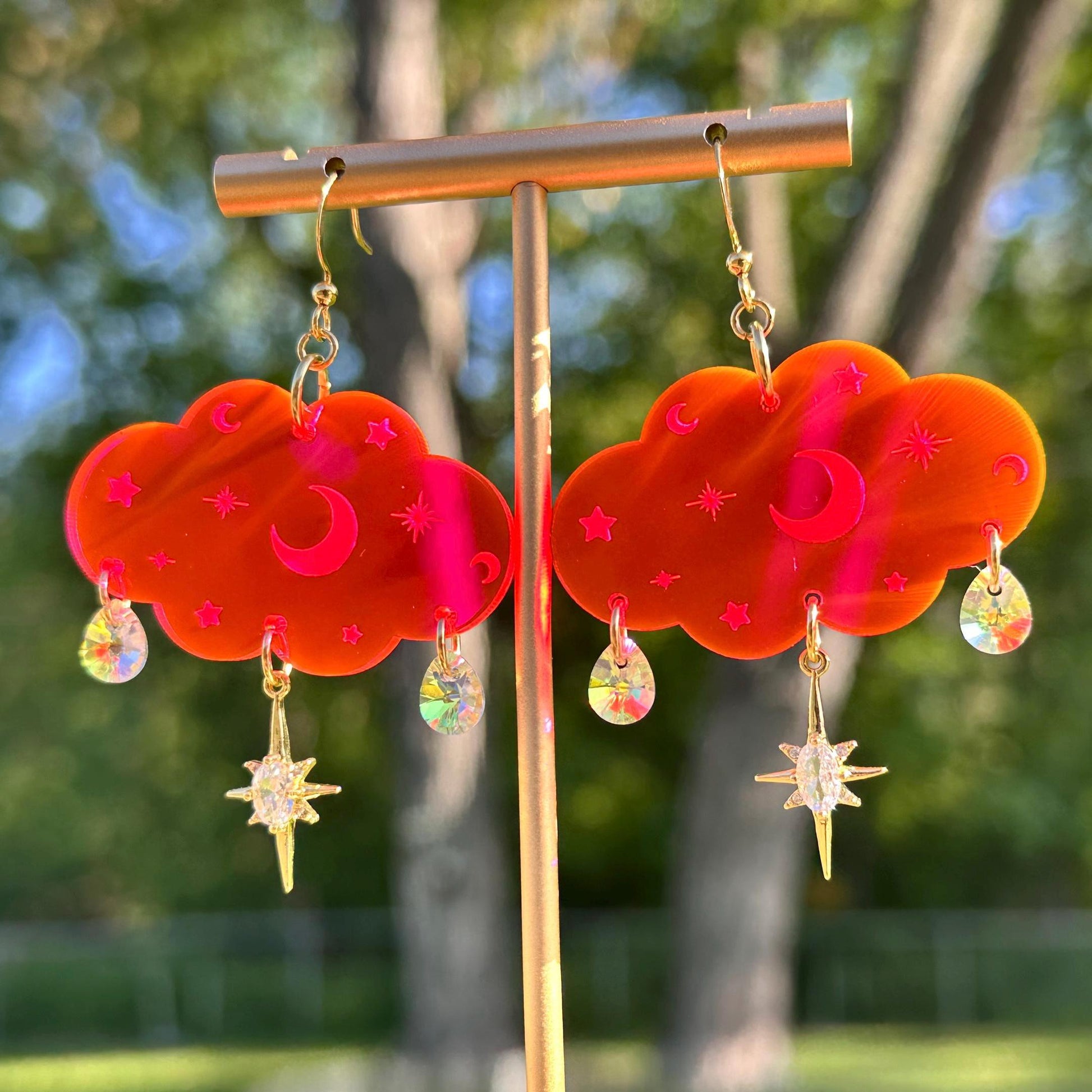 Cloudy Day Acrylic Earrings - Celestial Gemstone Drops Hot Pink