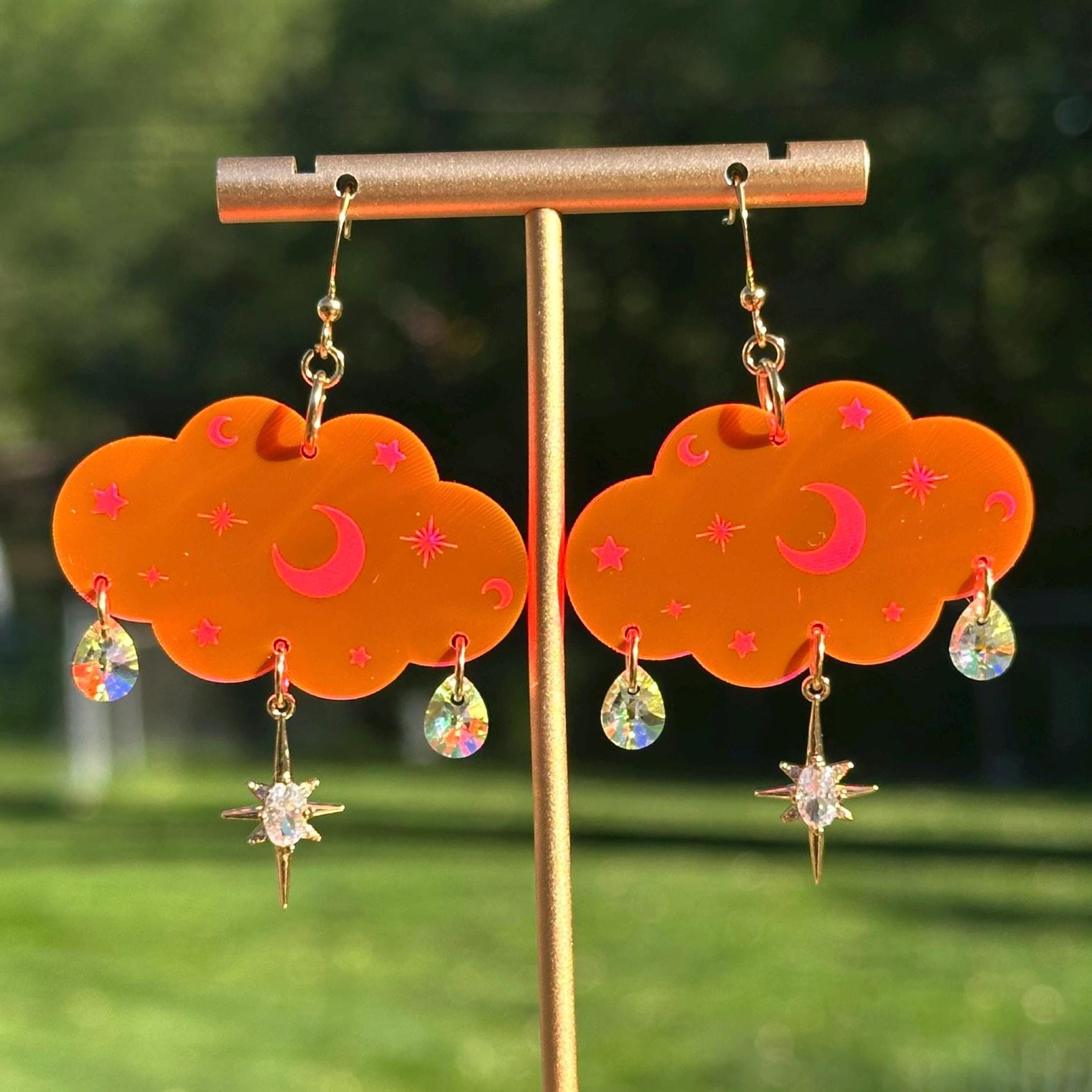 Cloudy Day Acrylic Earrings - Celestial Gemstone Drops Hot Pink