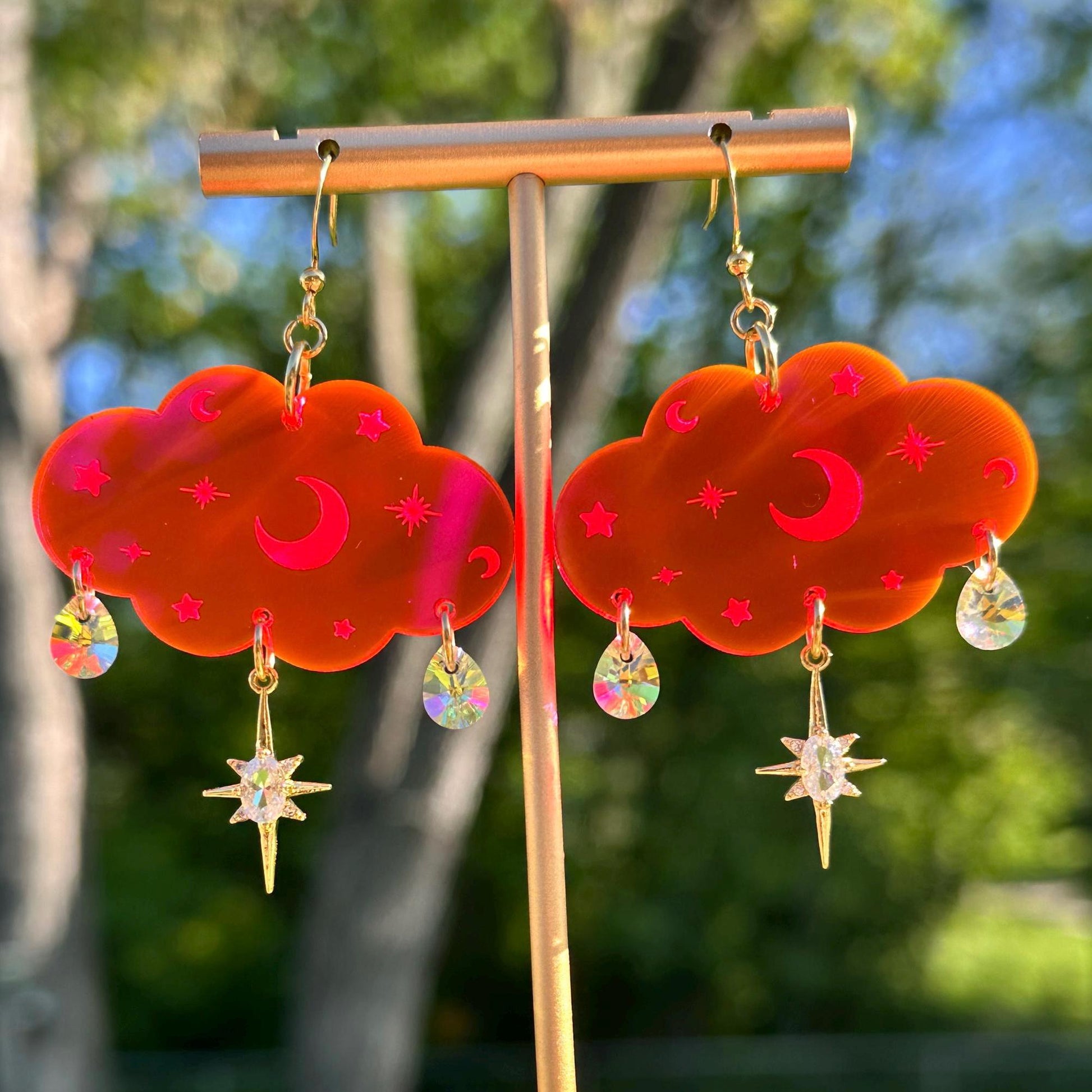 Cloudy Day Acrylic Earrings - Celestial Gemstone Drops Hot Pink