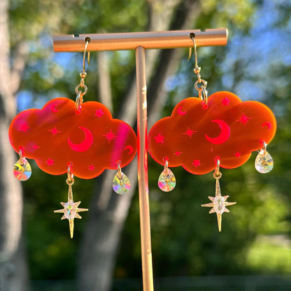 Cloudy Day Acrylic Earrings - Celestial Gemstone Drops Hot Pink