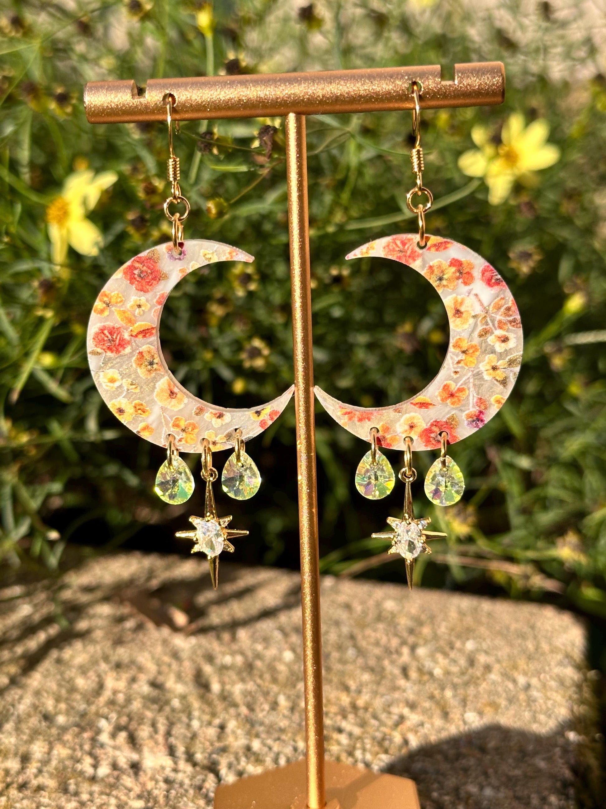 Fall Floral Print Celestial Gemstone Dangly Moon Acrylic Earrings