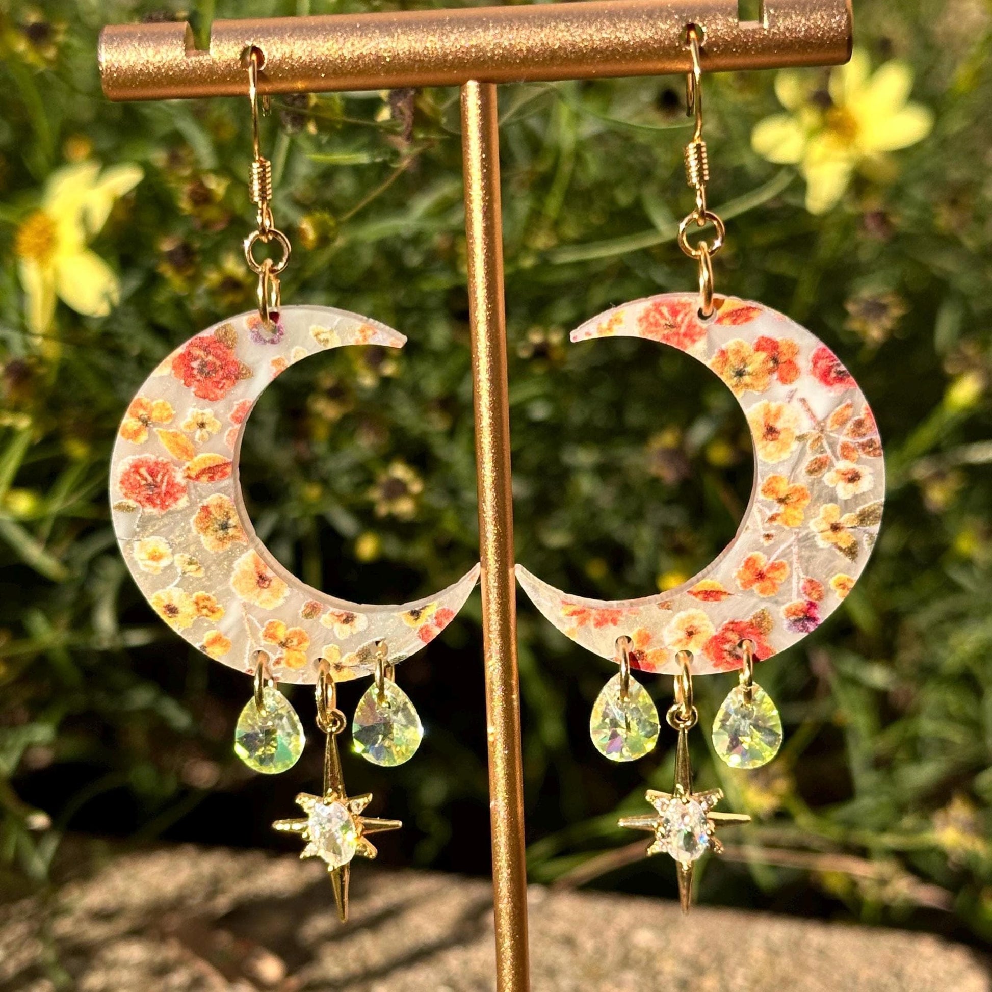 Fall Floral Print Celestial Gemstone Dangly Moon Acrylic Earrings