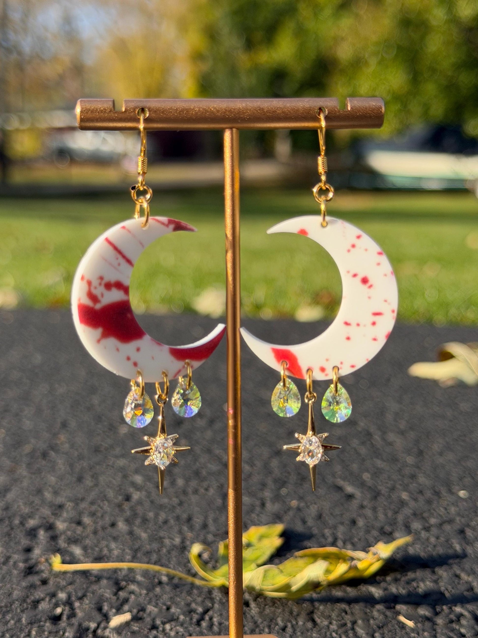 Halloween Bloody Celestial Gemstone Dangly Moon Acrylic Earrings