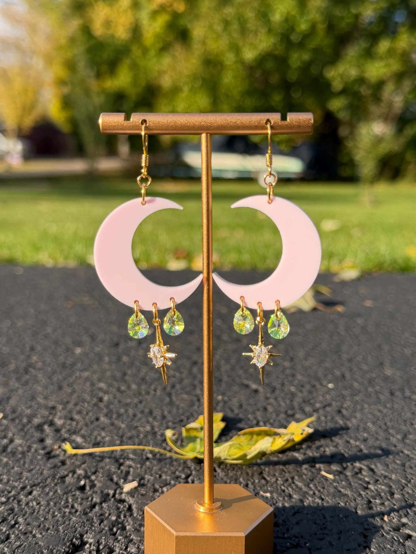 Pastel Pink Celestial Gemstone Dangly Moon Acrylic Earrings