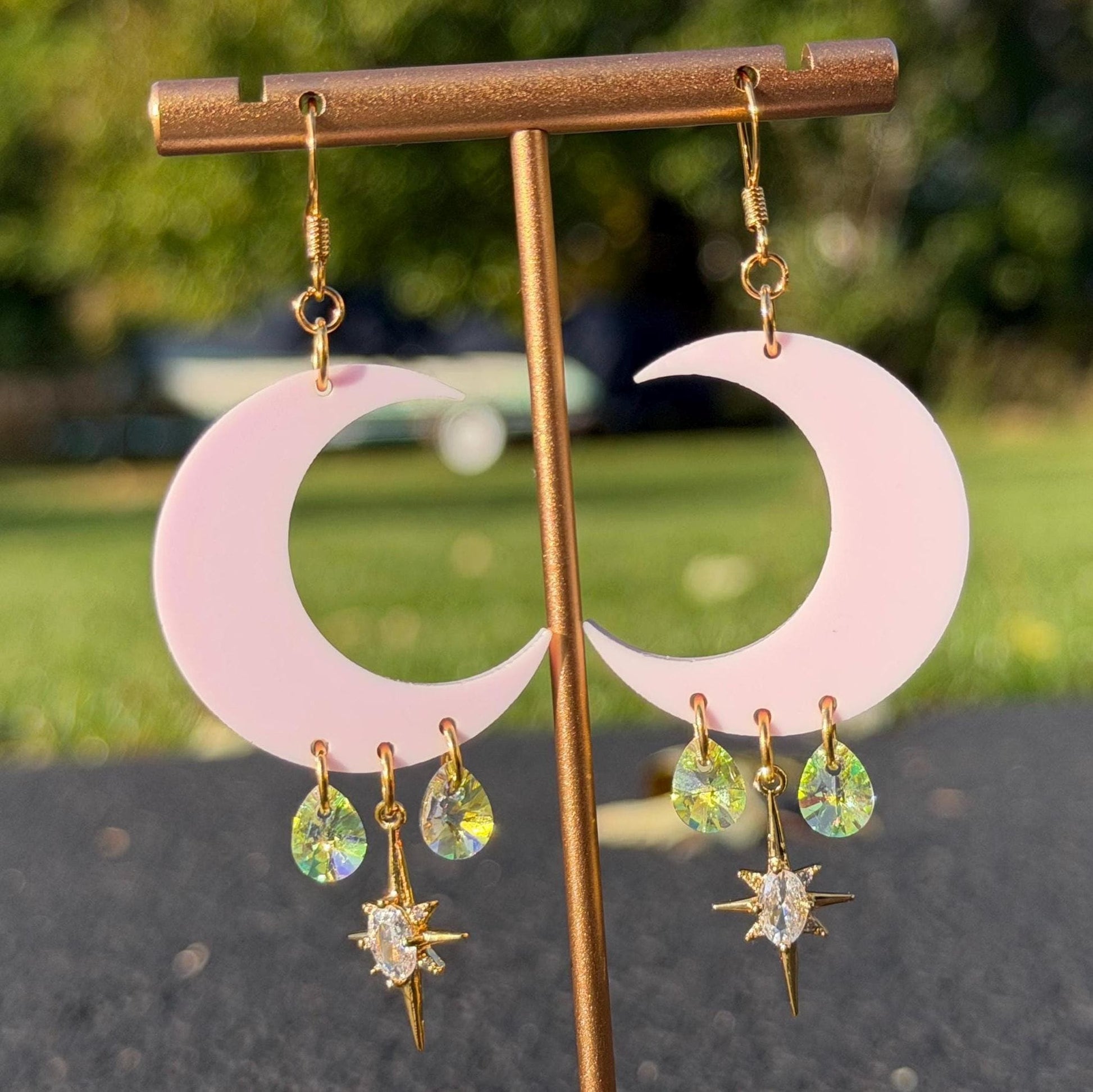 Pastel Pink Celestial Gemstone Dangly Moon Acrylic Earrings