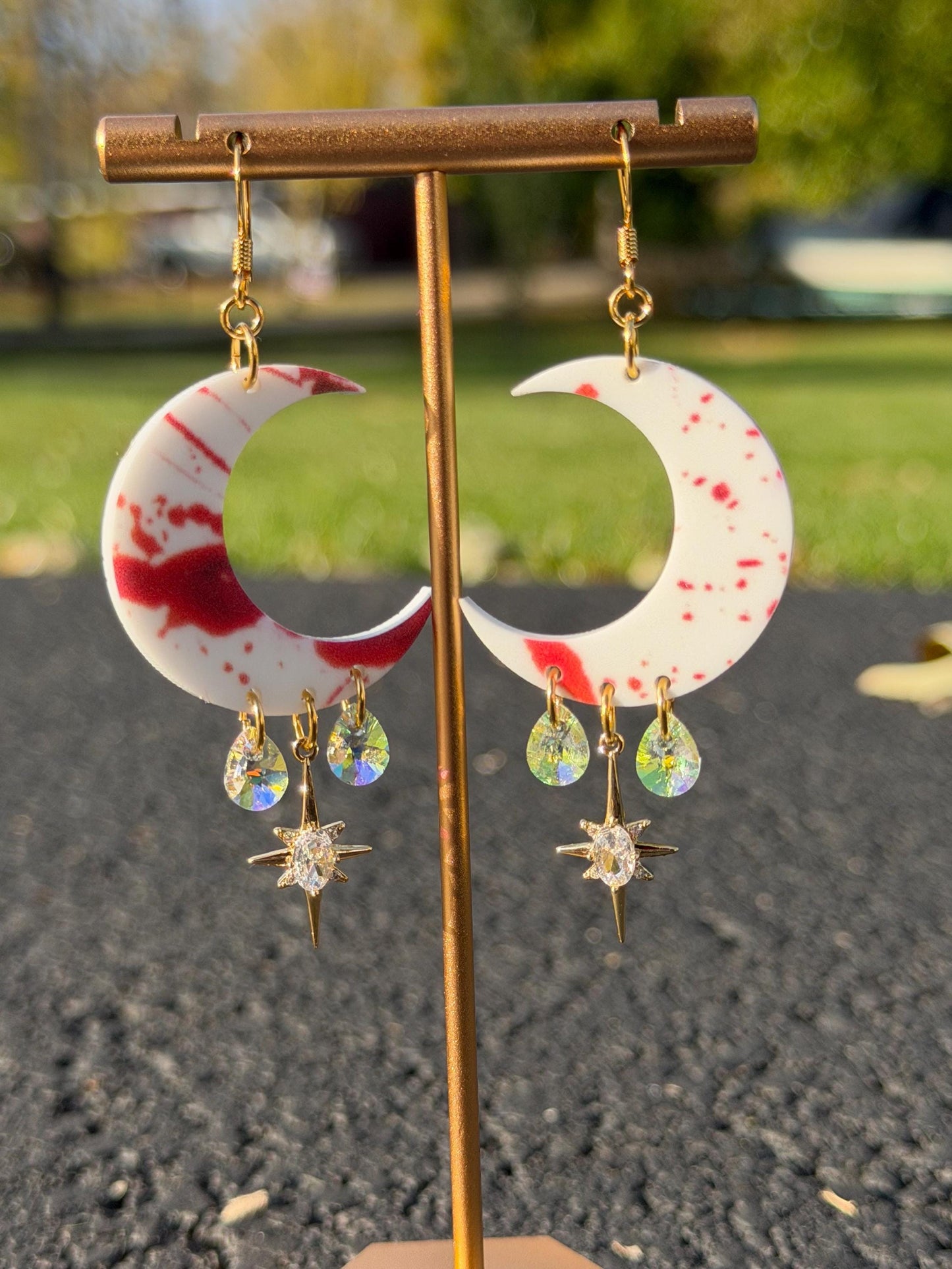 Halloween Bloody Celestial Gemstone Dangly Moon Acrylic Earrings