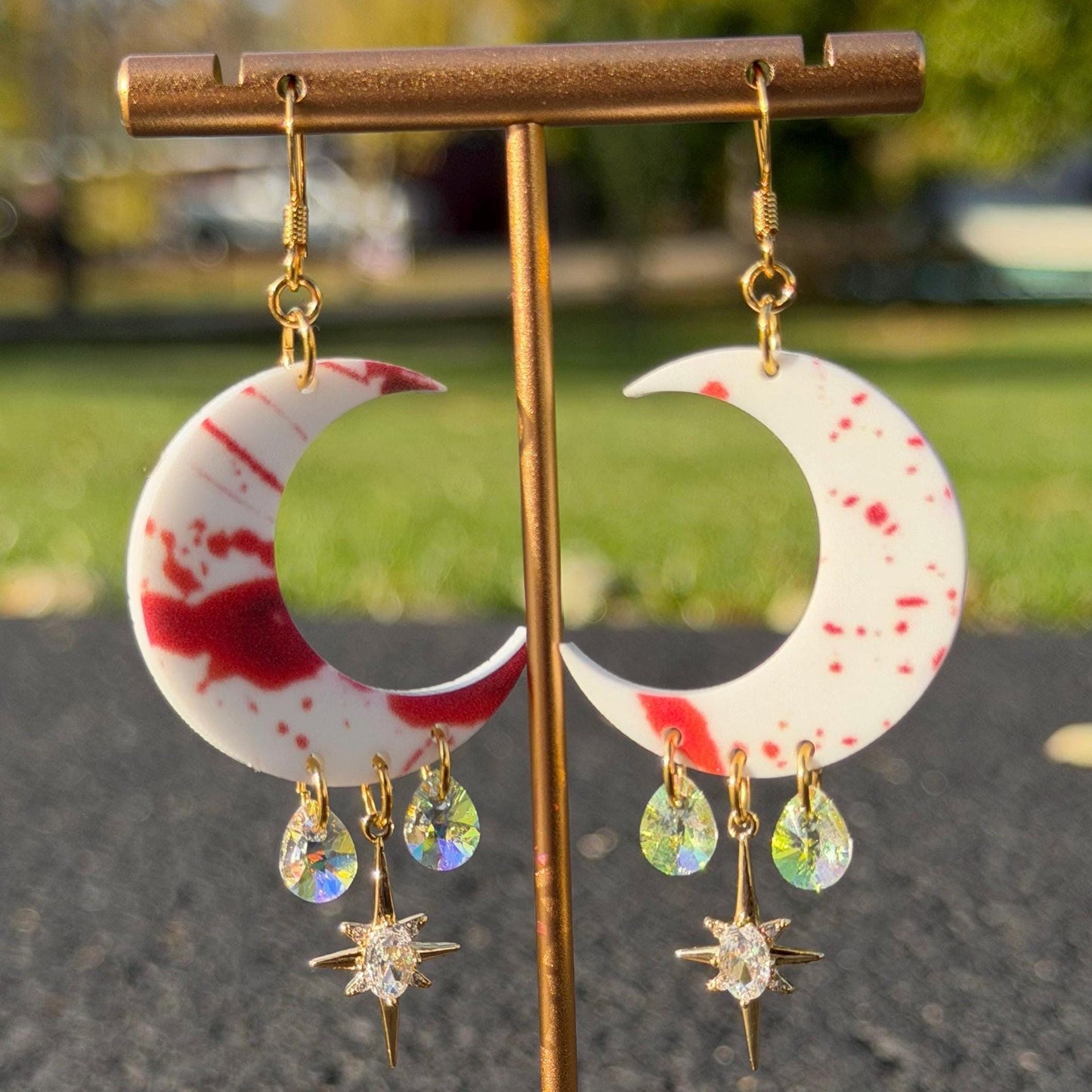 Halloween Bloody Celestial Gemstone Dangly Moon Acrylic Earrings
