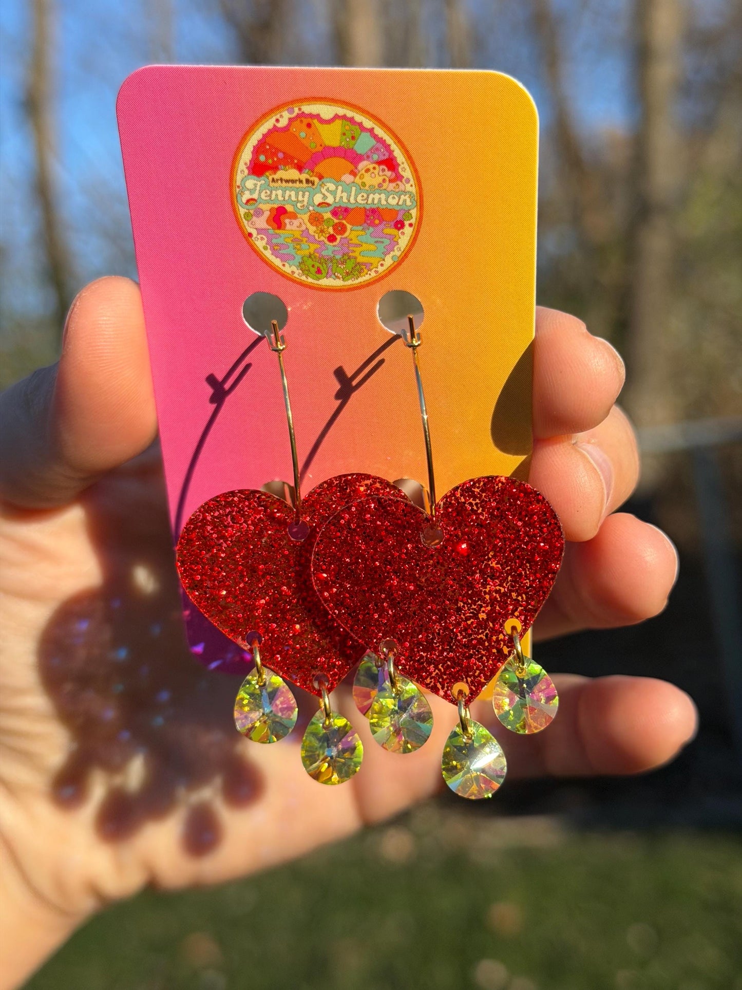 Sparkly Red Gemstone Dangly Heart Acrylic Earrings