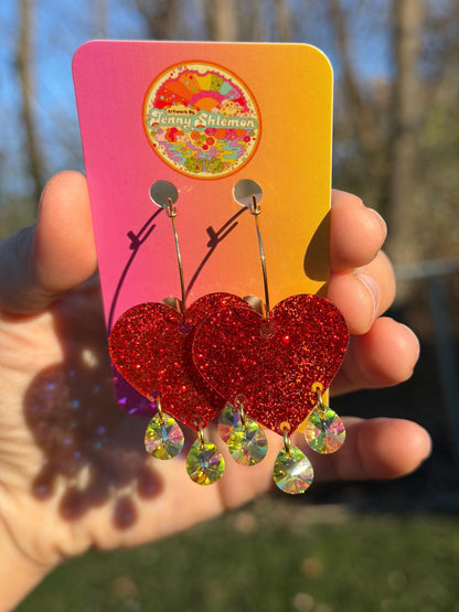 Sparkly Red Gemstone Dangly Heart Acrylic Earrings