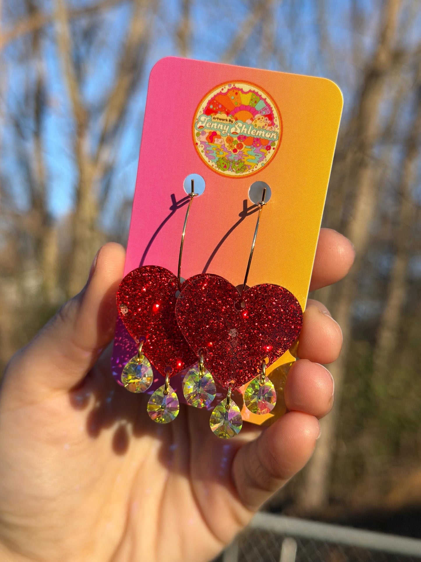 Sparkly Red Gemstone Dangly Heart Acrylic Earrings