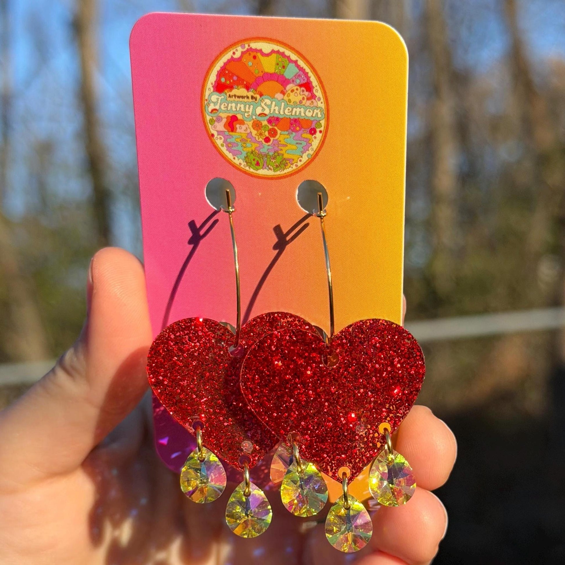 Sparkly Red Gemstone Dangly Heart Acrylic Earrings