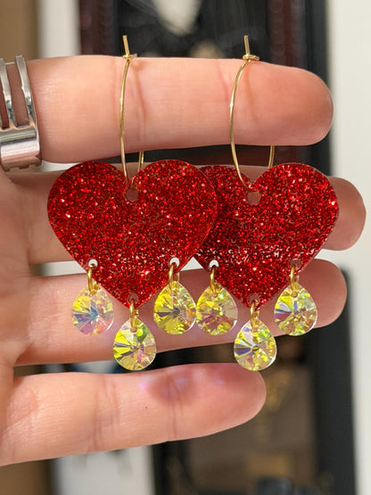 Sparkly Red Gemstone Dangly Heart Acrylic Earrings