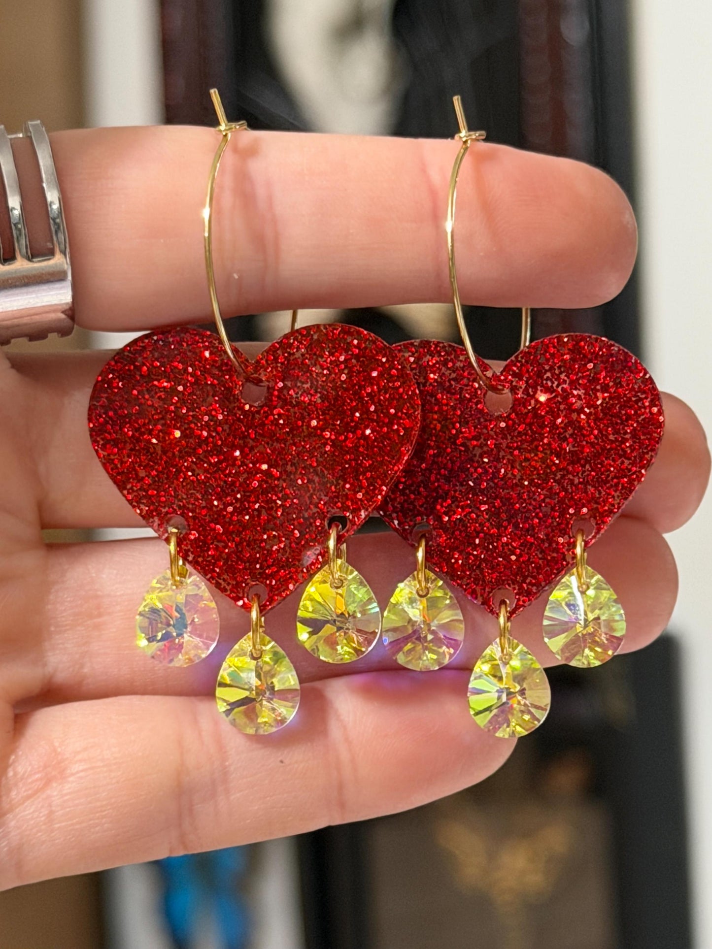 Sparkly Red Gemstone Dangly Heart Acrylic Earrings