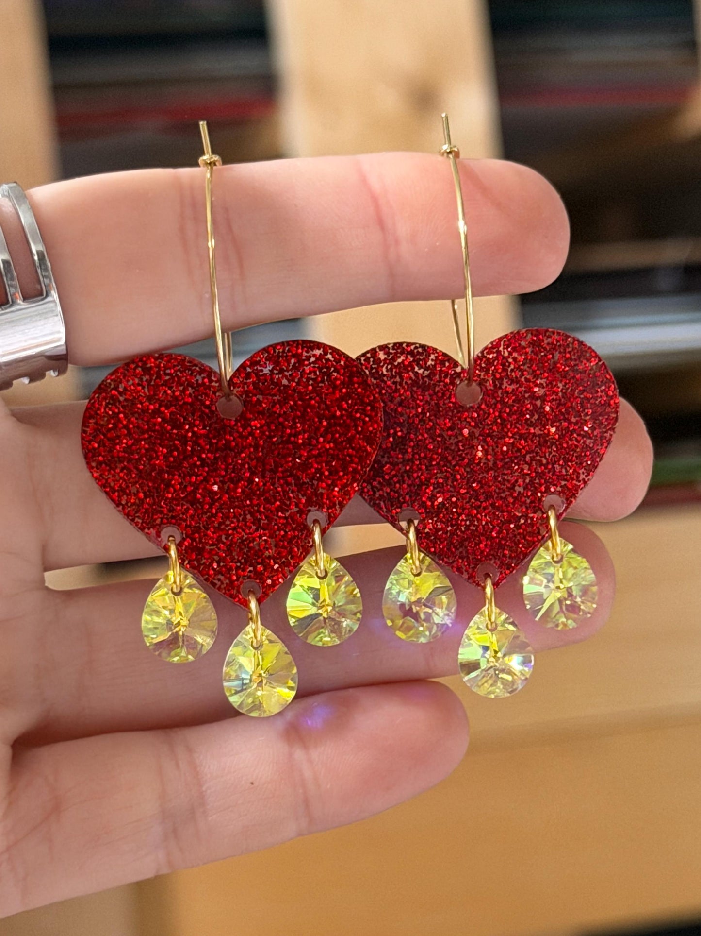 Sparkly Red Gemstone Dangly Heart Acrylic Earrings