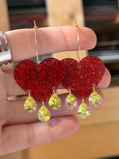 Sparkly Red Gemstone Dangly Heart Acrylic Earrings