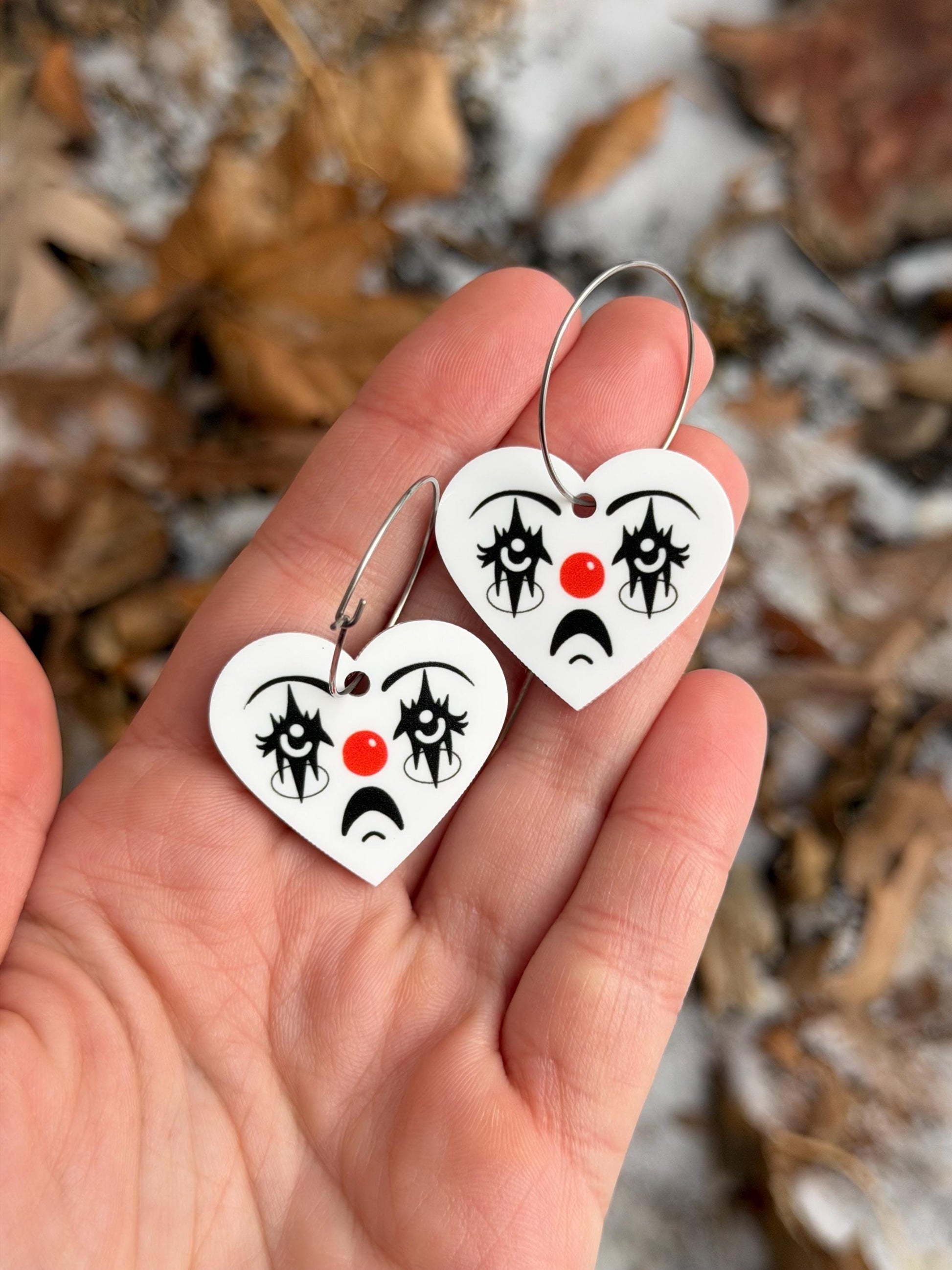 White Acrylic Clown Face Heart Hoop Earrings