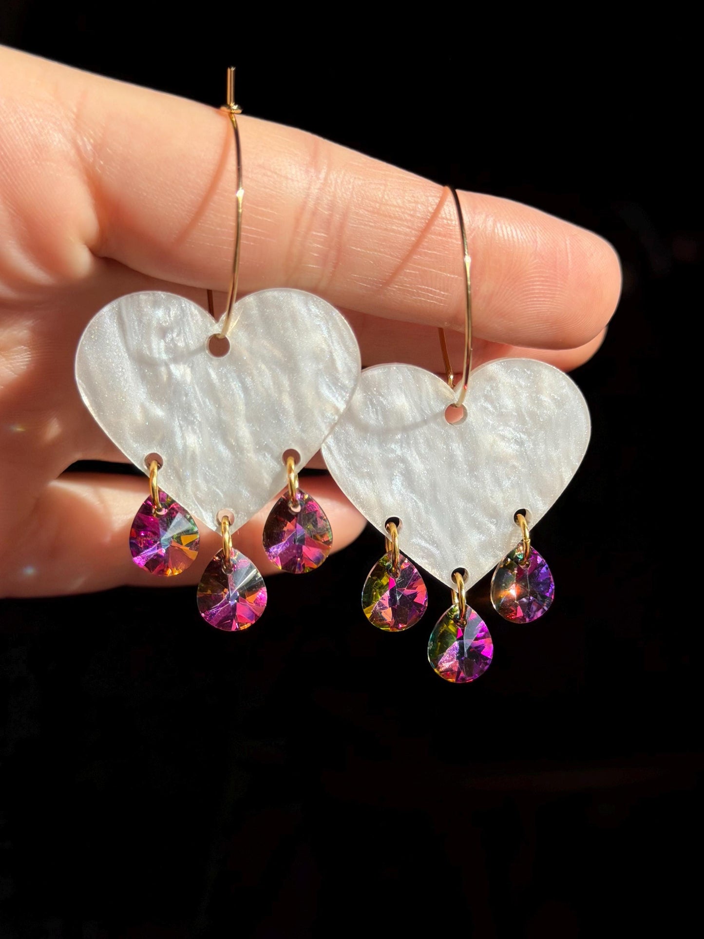 Gemstone Dangly Heart Acrylic Earrings