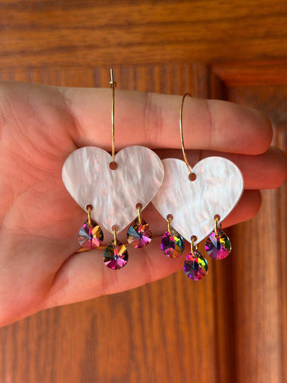 Gemstone Dangly Heart Acrylic Earrings