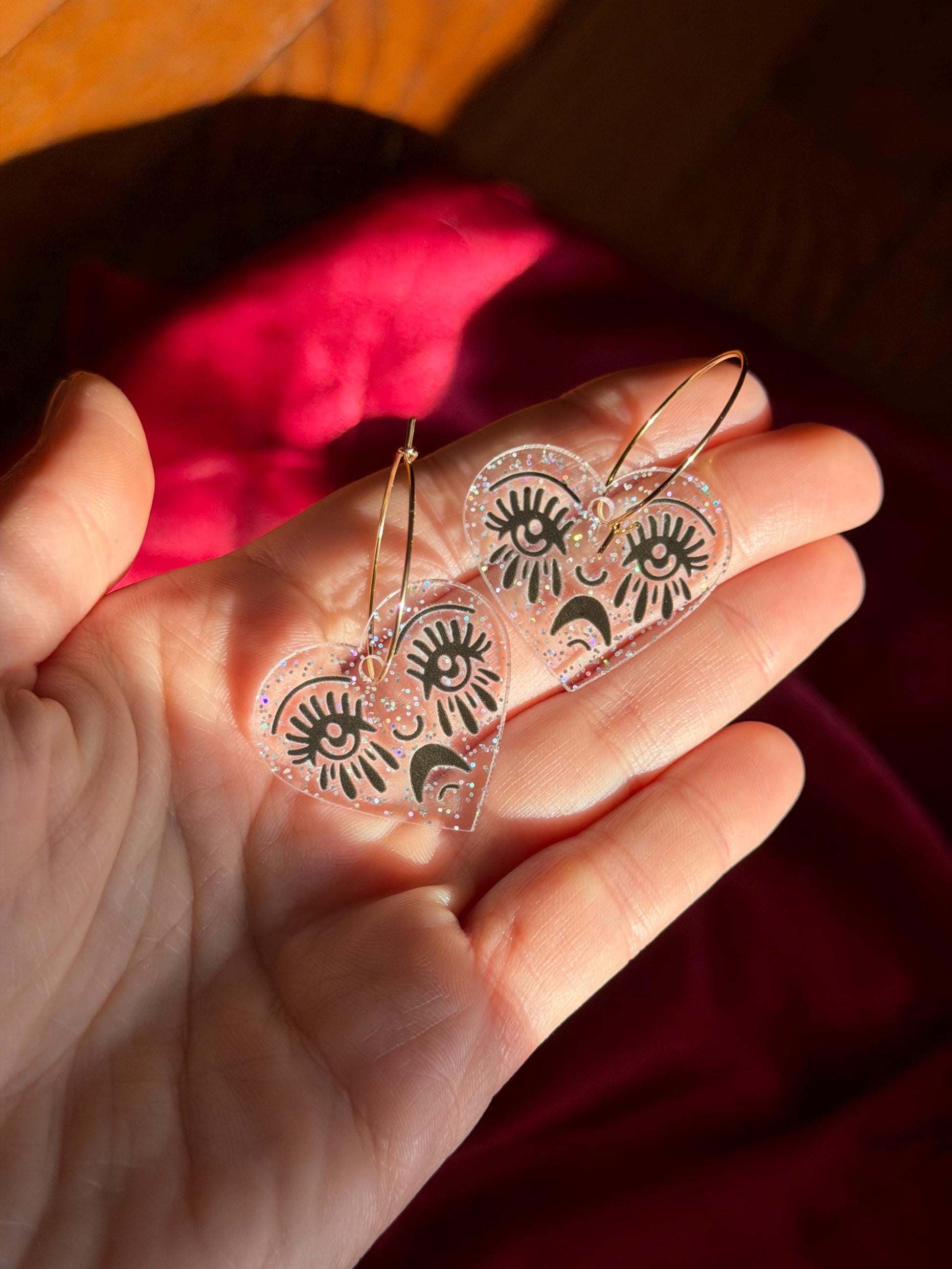 Sparkly Acrylic Crying Heart Hoop Earrings