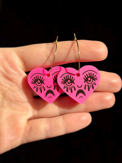Hot Pink Acrylic Crying Heart Hoop Earrings