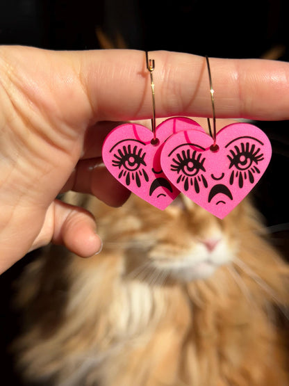 Hot Pink Acrylic Crying Heart Hoop Earrings
