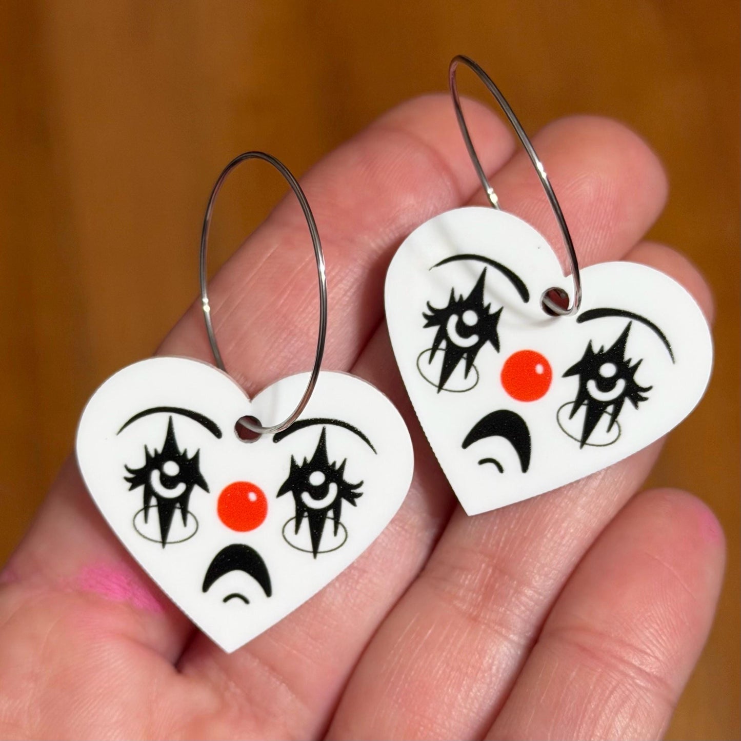 White Acrylic Clown Face Heart Hoop Earrings