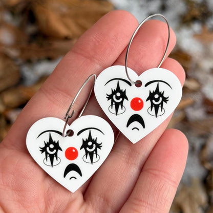 White Acrylic Clown Face Heart Hoop Earrings