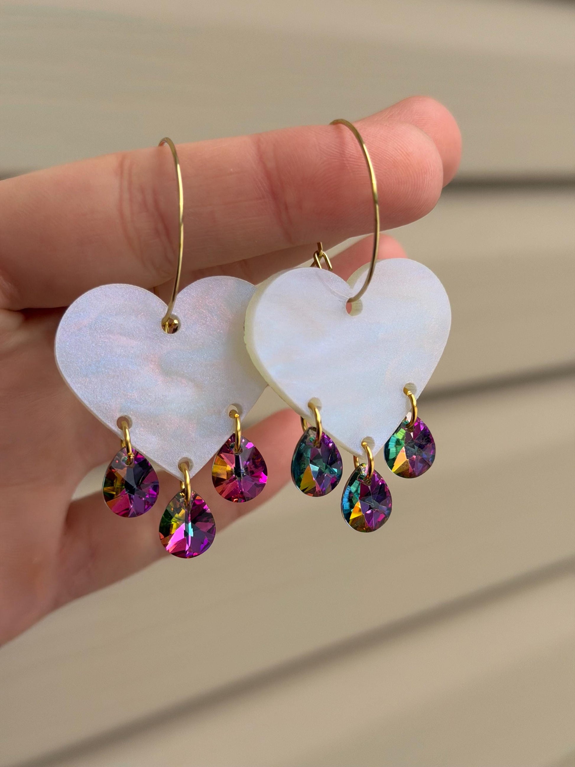 Gemstone Dangly Heart Acrylic Earrings