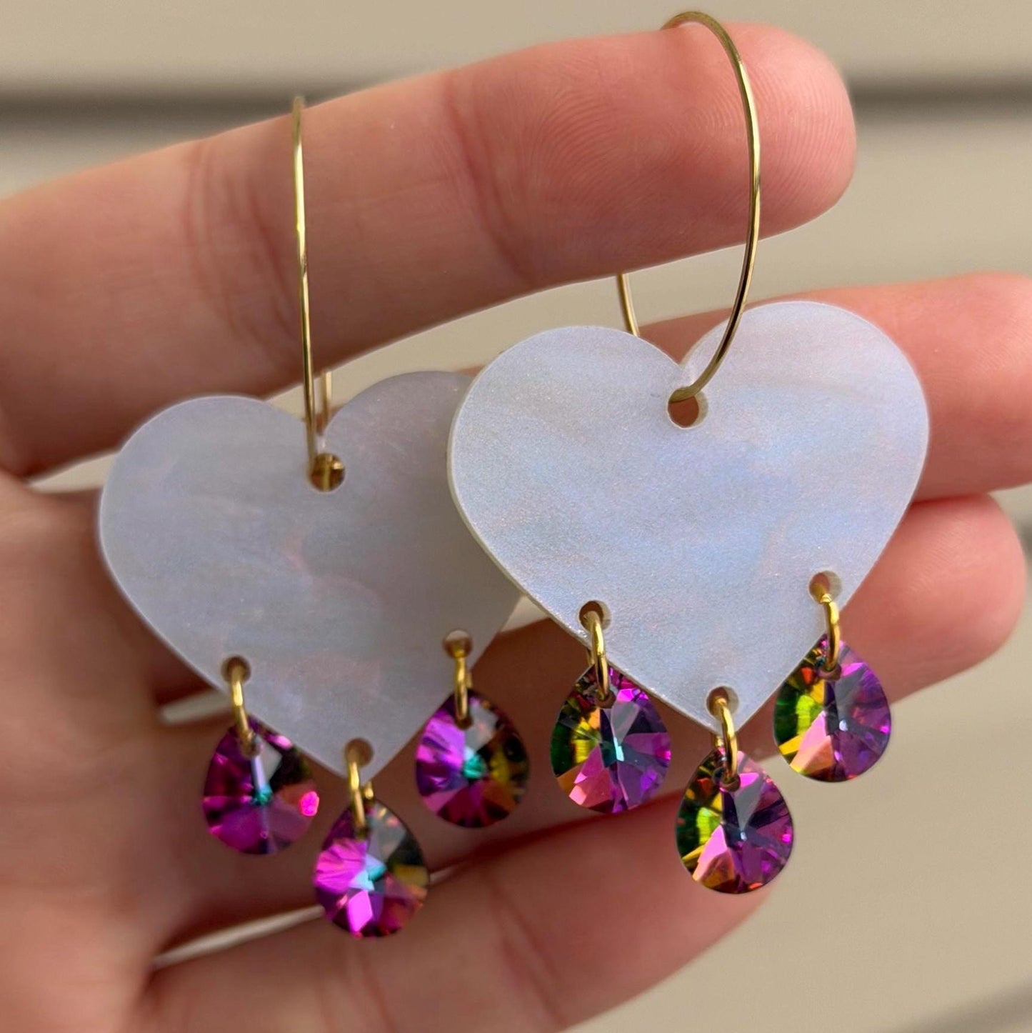 Gemstone Dangly Heart Acrylic Earrings