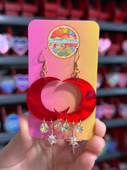 Red Marble Celestial Gemstone Dangly Moon Acrylic Earrings