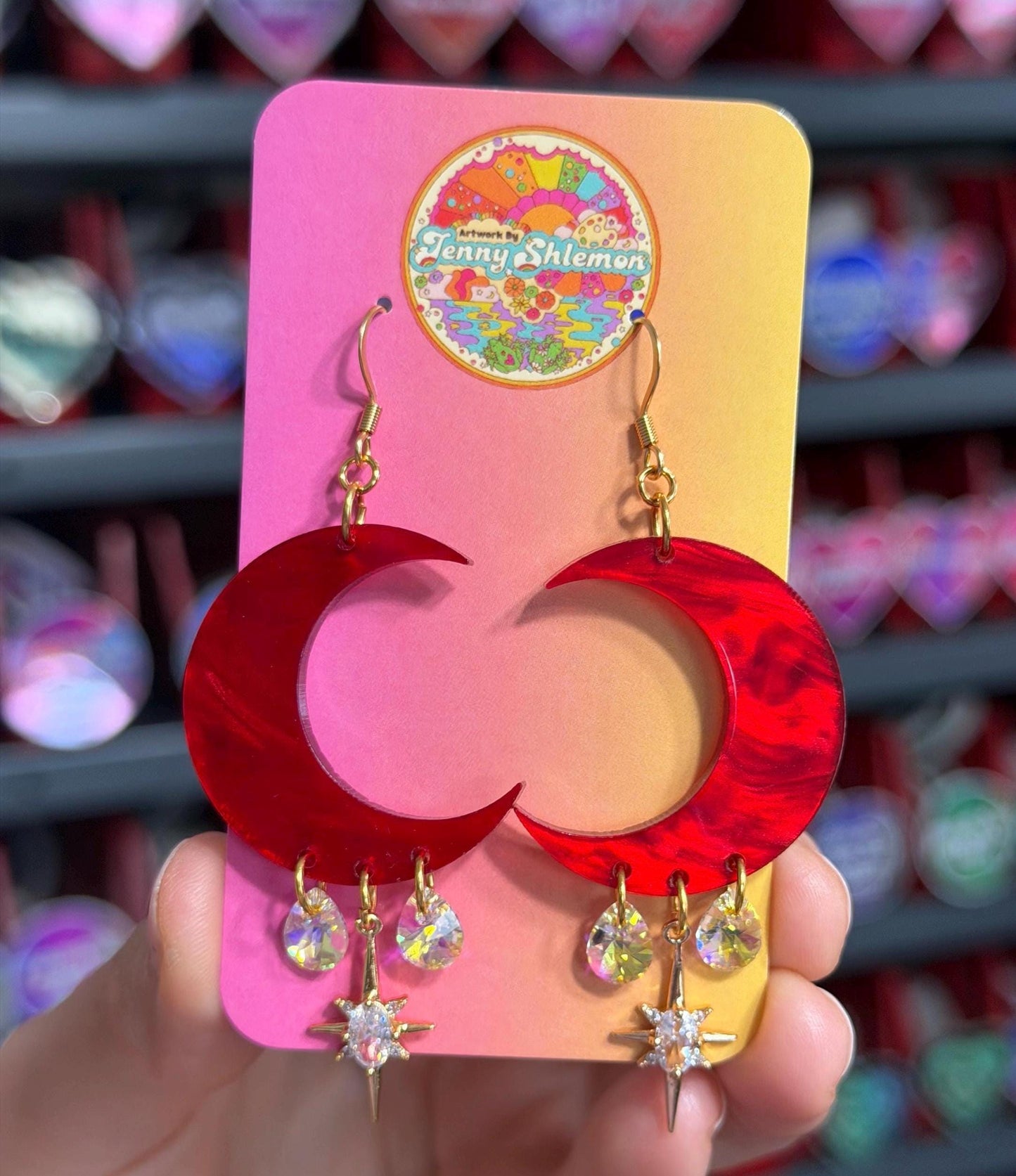 Red Marble Celestial Gemstone Dangly Moon Acrylic Earrings