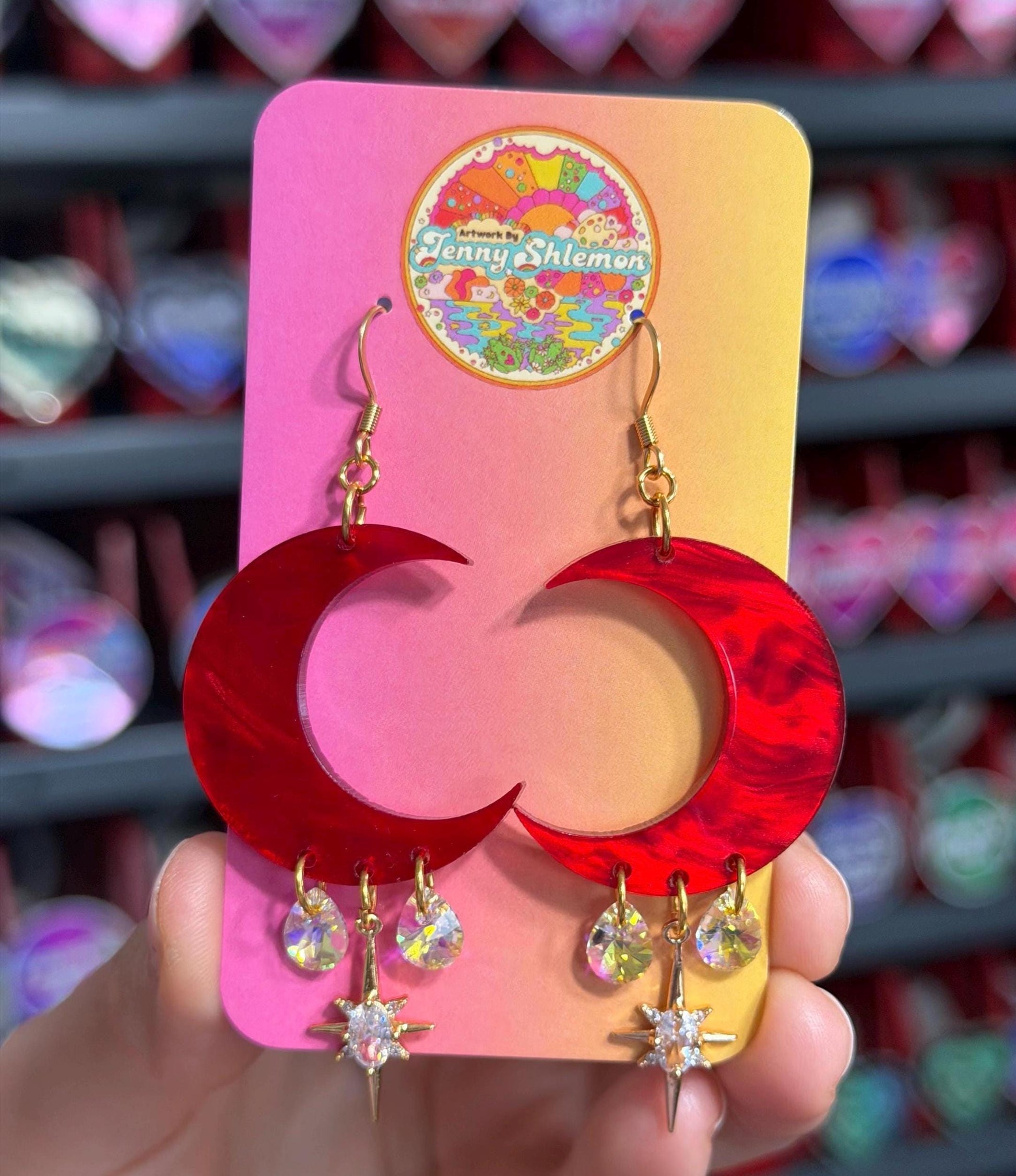 Red Marble Celestial Gemstone Dangly Moon Acrylic Earrings