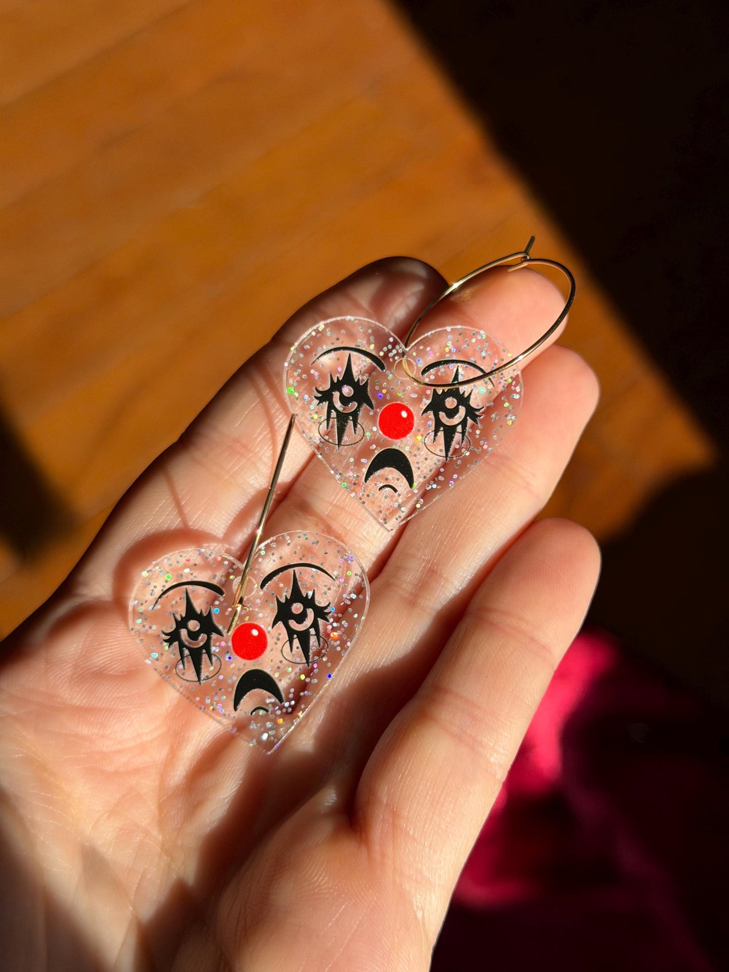 Sparkly Acrylic Clown Face Heart Hoop Earrings