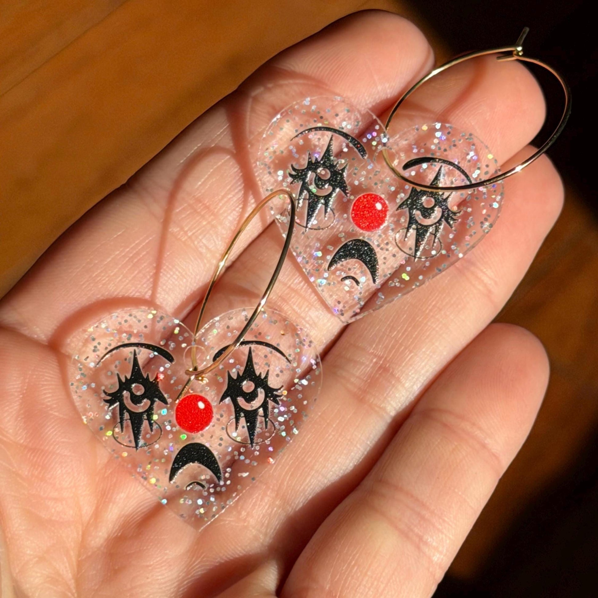 Sparkly Acrylic Clown Face Heart Hoop Earrings