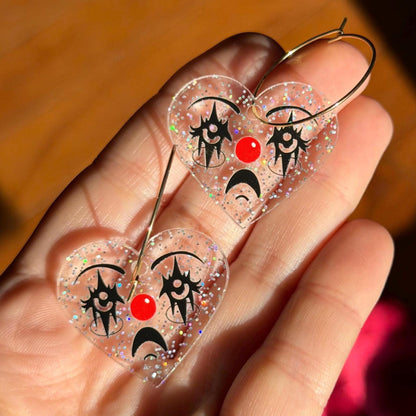 Sparkly Acrylic Clown Face Heart Hoop Earrings