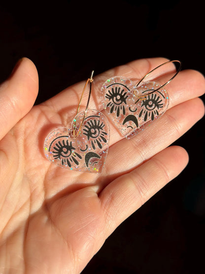 Sparkly Acrylic Crying Heart Hoop Earrings