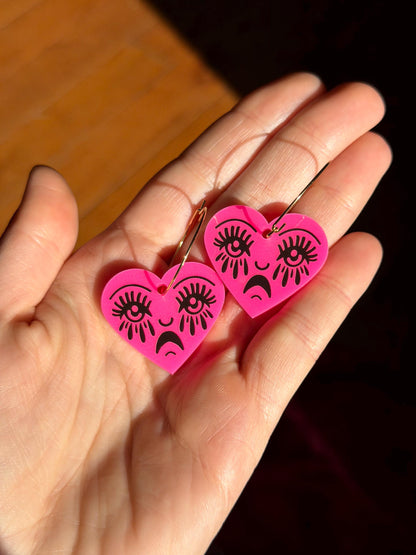 Hot Pink Acrylic Crying Heart Hoop Earrings