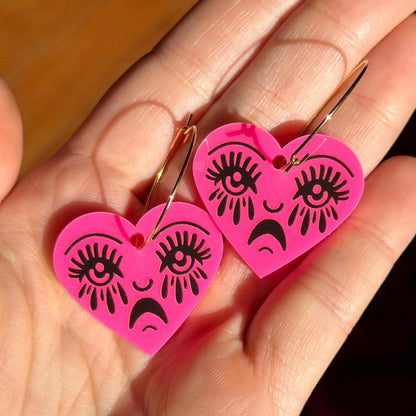 Hot Pink Acrylic Crying Heart Hoop Earrings