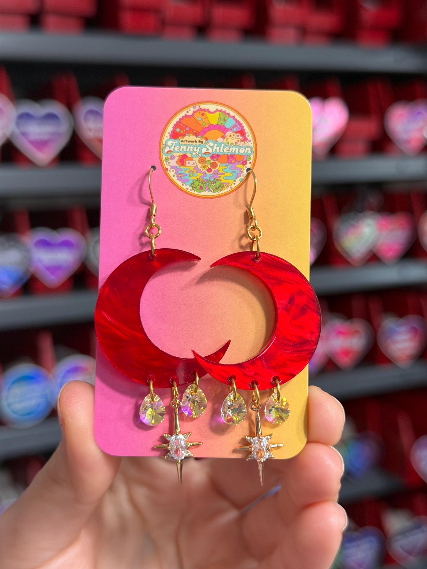 Red Marble Celestial Gemstone Dangly Moon Acrylic Earrings