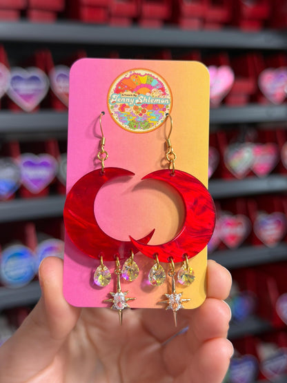 Red Marble Celestial Gemstone Dangly Moon Acrylic Earrings