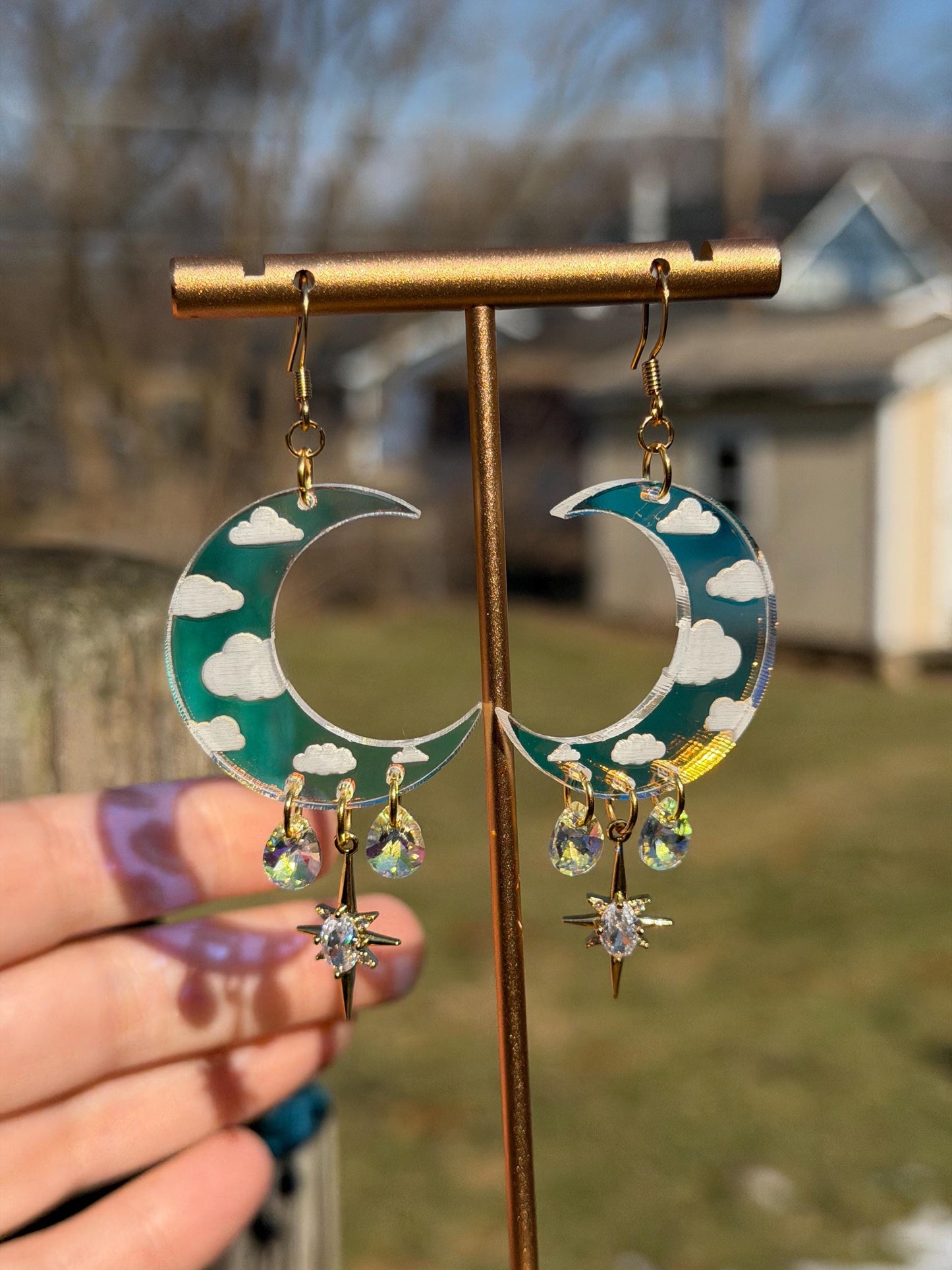 Cloudy Iridescent Celestial Gemstone Dangly Moon Acrylic Earrings