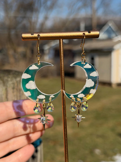 Cloudy Iridescent Celestial Gemstone Dangly Moon Acrylic Earrings