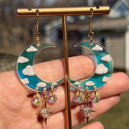 Cloudy Iridescent Celestial Gemstone Dangly Moon Acrylic Earrings